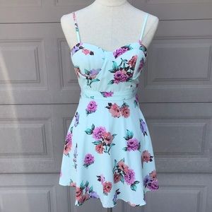 Forever 21 Turquoise Floral Print Padded Bust Mini Dress (S)
